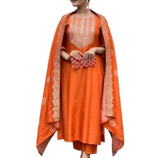 Women's Rayon Blend Embroidered Straight Kurta with Pant & Dupatta