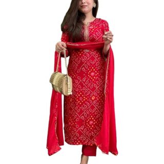 Women's Rayon Blend Straight Bandhej Printed Kurta with Pant & Dupatta